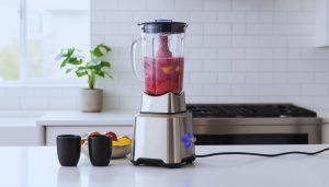 Swirling smoothie inside transparent blender jar