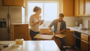 Happy couple unboxing new kitchen appliances at home