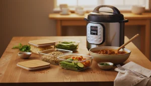 Instant Pot on kitchen counter with vegetables