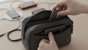 User safely stores a power bank in a travel bag and checks the LED lights for battery level