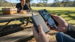 Using a portable power bank charger to recharge a smartphone outdoors.