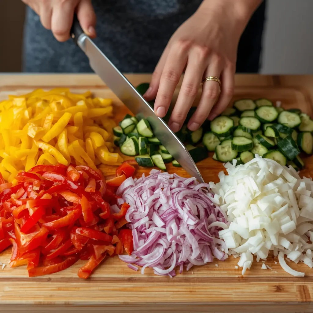 Wooden cutting board with fresh vegetables on a kitchen counter