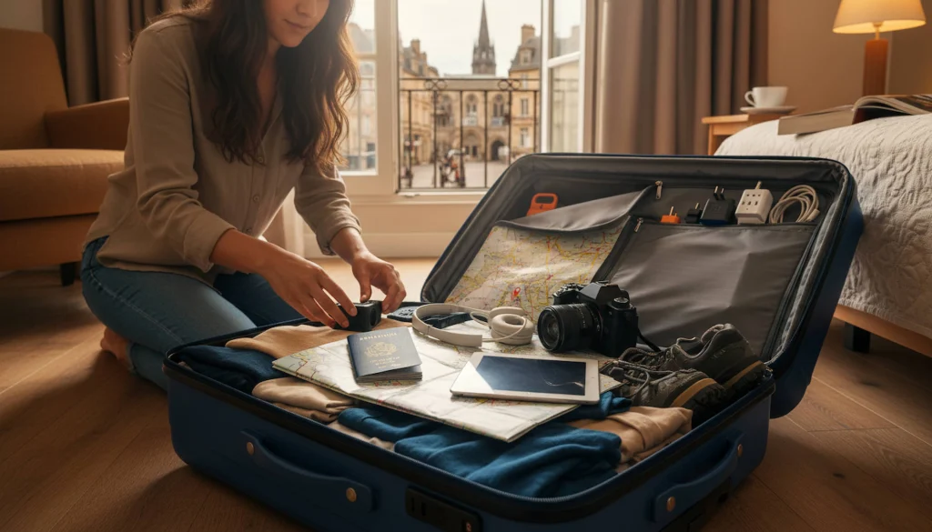 Traveler packing universal adapter and passport for Europe trip