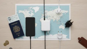 Different travel plug types and a universal adapter on a world map