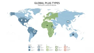 World map showing adapter types by country with plug icons
