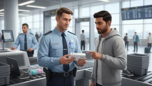 How Many mAh Power Bank Allowed in Flight-Airport security officer checking portable power bank at security checkpoint.