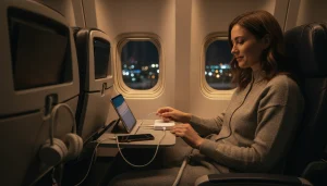 How Many mAh Power Bank Allowed in Flight-Traveler charging multiple devices on an airplane using a portable power bank.