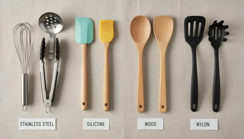 comparison of stainless steel silicone wood and nylon kitchen utensils