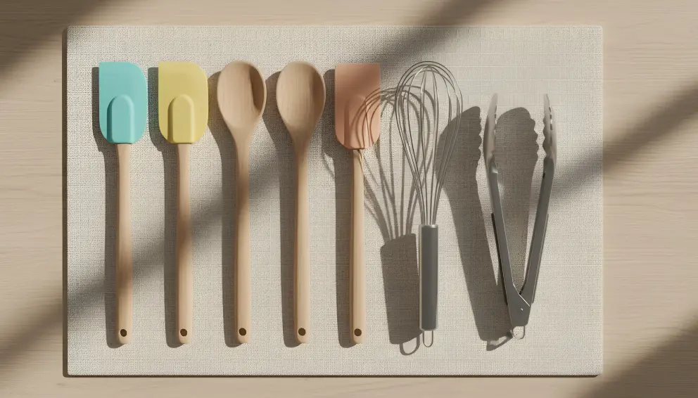 essential kitchen utensils including spatulas and whisks