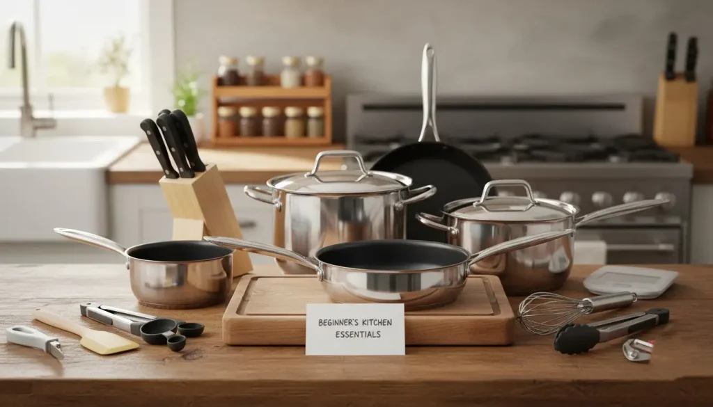 Best cooking tools for beginners neatly arranged on a kitchen counter