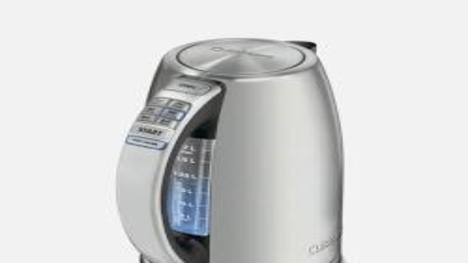 A silver, modern electric gooseneck kettle with a digital display and temperature controls on its base.