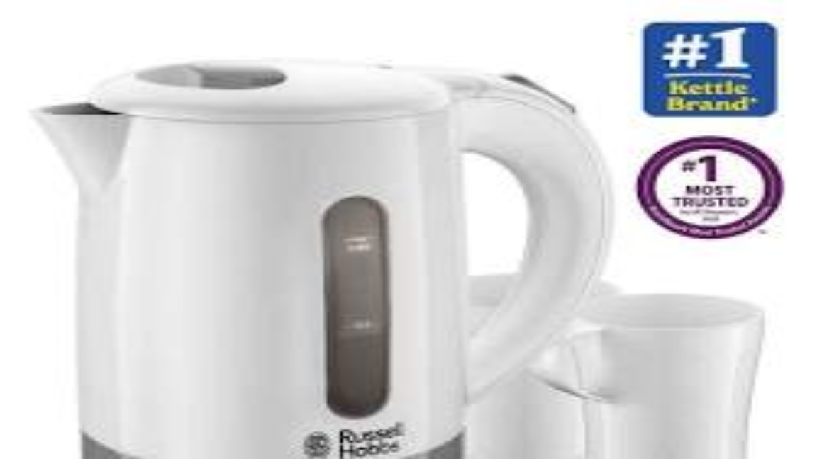 Stainless steel travel kettle and slim toaster set on modern countertop.