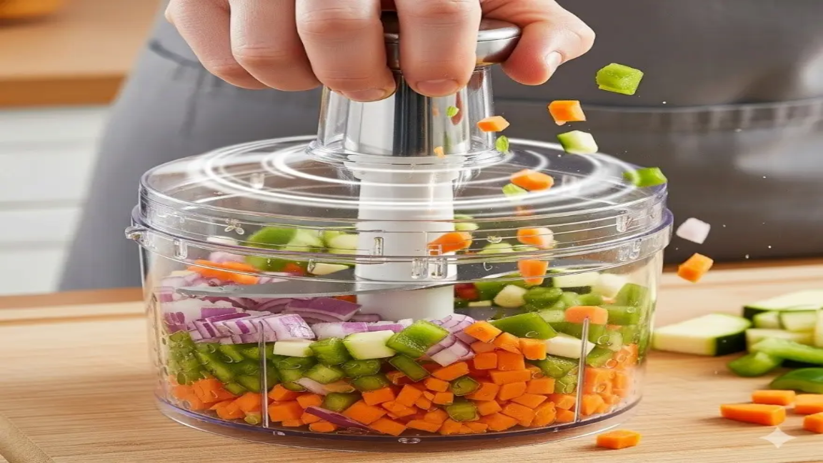 Manual food chopper cutting vegetables quickly
