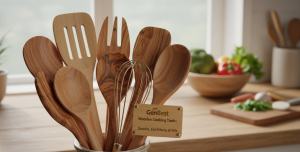 GenBest wooden cooking tools set including spoons, spatulas, and whisk, durable and eco-friendly kitchen utensils in a modern kitchen setting"