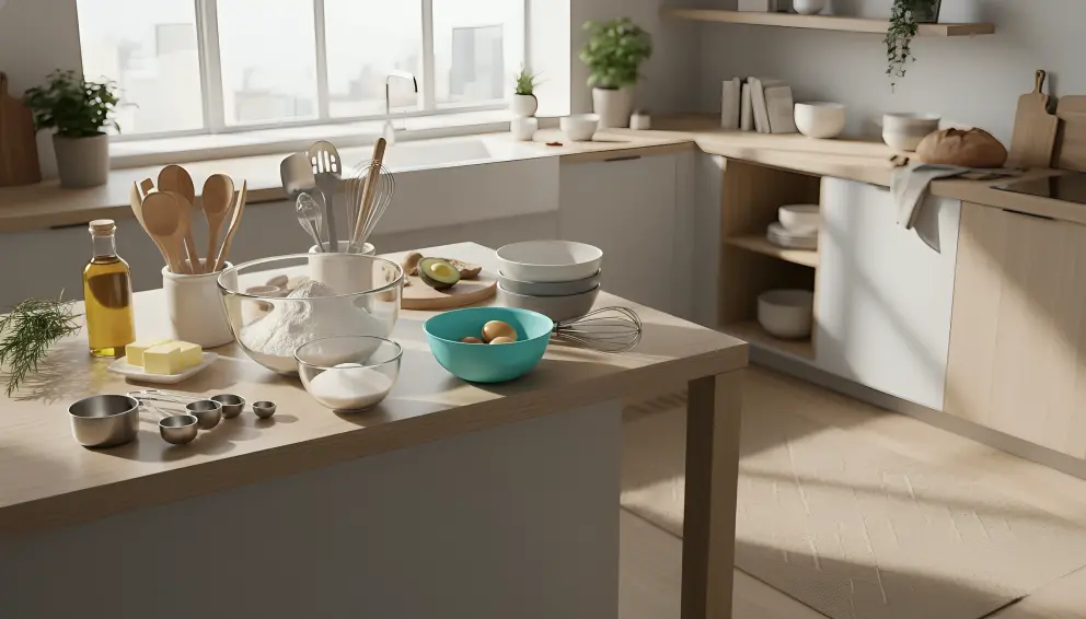 measuring cups and mixing bowls arranged for baking prep