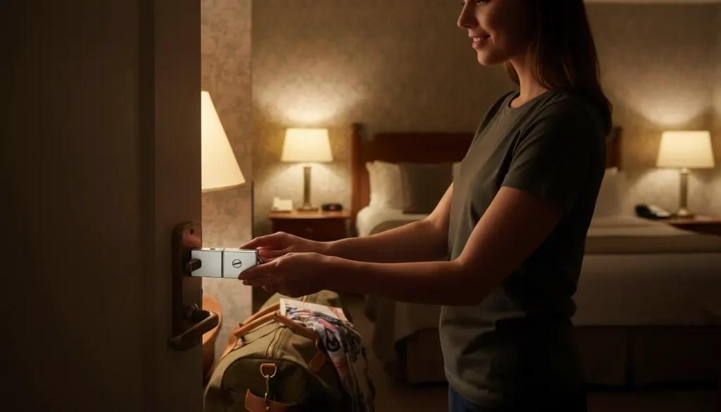 raveler using a portable door lock from inside a hotel room for extra safety.