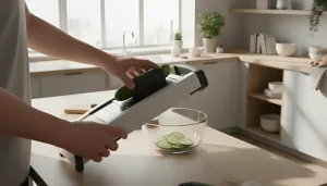 safe use of mandoline slicer slicing vegetables evenly