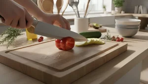stainless steel chef’s knife chopping fresh vegetables