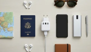Travel essentials including universal adapter and passport for Europe trip