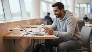 Traveler charging phone and laptop using universal adapter in airport lounge