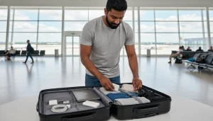 Traveler packing power bank into carry-on bag at the airport.
