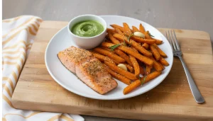 Air fryer salmon fillet seasoned with garlic and herbs