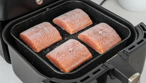 Frozen salmon fillets placed in an air fryer basket 