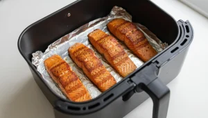 Salmon fillet wrapped in foil cooking inside an air fryer