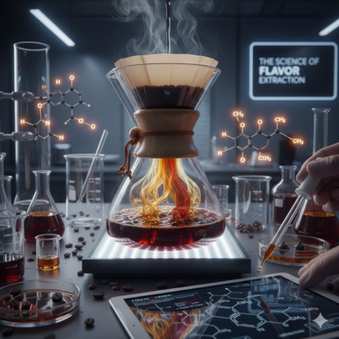 The setting resembles a science laboratory with various beakers, flasks, test tubes containing dark liquids, and scattered coffee beans.