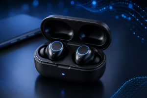 Bluetooth earbuds in an open charging case with a modern tech