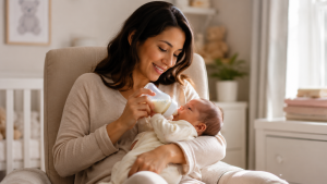 Parent bottle feeding a newborn baby