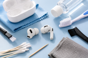 Earbud cleaning essentials flat lay