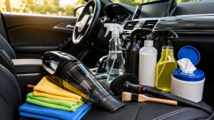Essential products and tools used to clean a car interior including vacuum cleaner, microfiber cloths, and detailing supplies