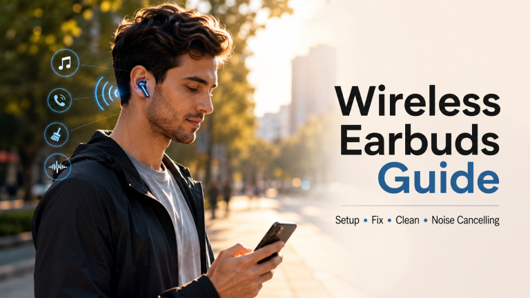 Person using wireless earbuds and a smartphone during a morning walk, with Bluetooth and audio feature icons in a modern urban setting.