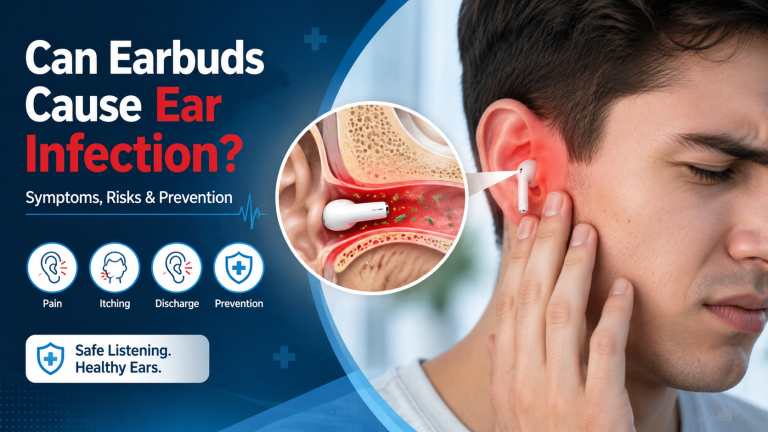 Person wearing an earbud with an ear infection illustration showing redness and bacteria in the ear canal.