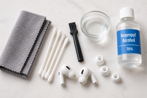 Tools needed to clean wireless earbuds safely, including microfiber cloth, cotton swabs, brush, and alcohol.