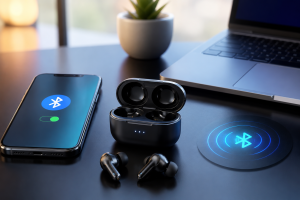 Wireless earbuds and charging case beside a smartphone with Bluetooth enabled.