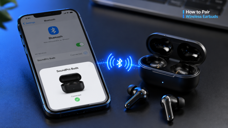 Wireless earbuds connecting to a smartphone via Bluetooth.