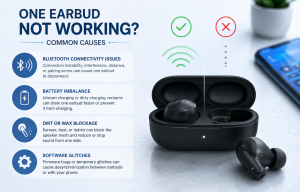 Wireless earbuds infographic showing common causes of one earbud not working, including Bluetooth issues, battery imbalance, earwax blockage, and software glitches.