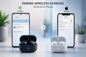 Wireless earbuds pairing with Android and iPhone devices via Bluetooth, showing connection setup screens in a modern tech illustration.