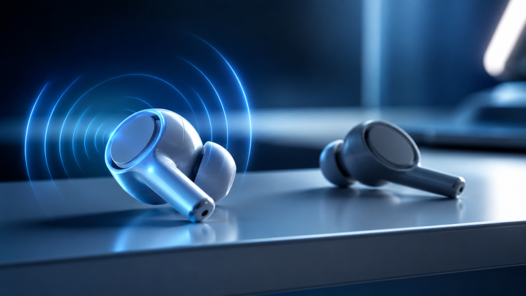 Wireless earbuds showing one side working and the other silent, representing a common issue where one earbud is not producing sound.