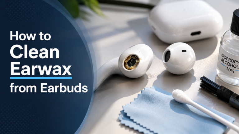 Wireless earbuds with earwax and cleaning kit on a desk.