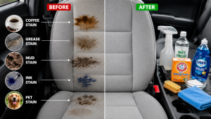 Common car seat stains including coffee, grease, mud, ink, and pet stains
