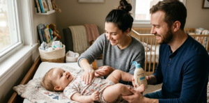 parents applying baby lotion to their baby