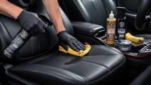 Cleaning oil stains from leather car seats using a leather-safe cleaner