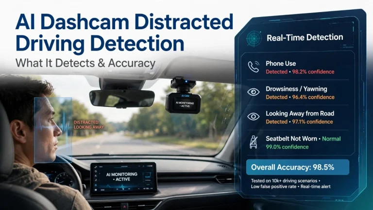 Dashboard interface displaying AI dashcam distracted driving detection metrics, including real-time confidence scores for looking away and phone use.