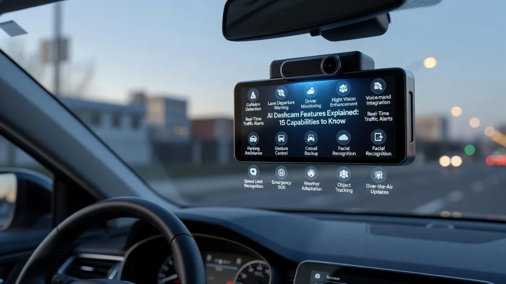 Ai Dashcam mounted on windshield with overlay listing 15 AI features including collision detection, lane departure warning, night vision, and voice command.