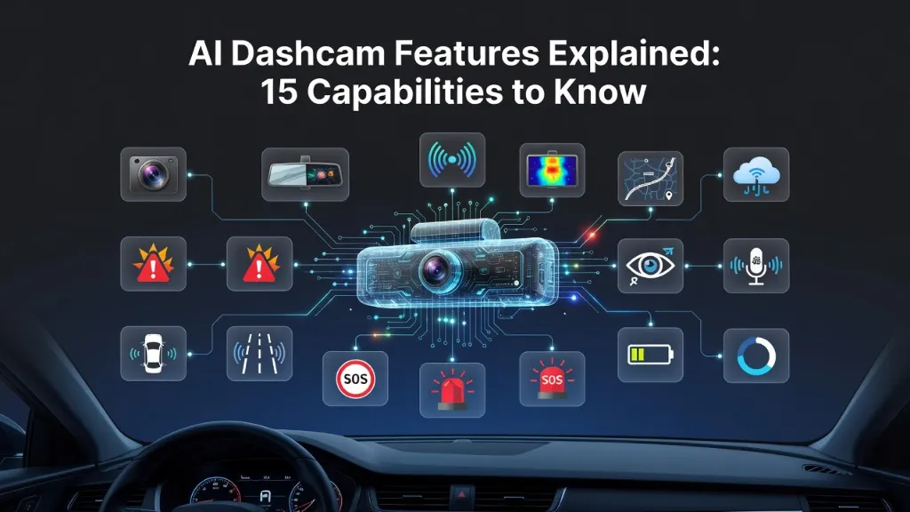 Infographic titled "AI Dashcam Features Explained: 15 Capabilities to Know" with icons for camera, alerts, GPS, cloud, and more around a dashcam illustration.