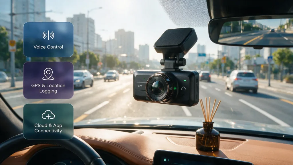 Dashcam on windshield with labeled connectivity features: voice control, GPS & location logging, and cloud & app connectivity.