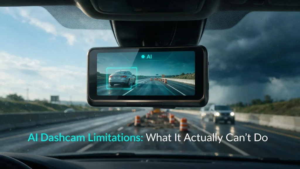 Dashboard view featuring a rear-view mirror style AI dashcam tracking a vehicle ahead on a highway under overcast skies, captioned "AI Dashcam Limitations: What It Actually Can’t Do."